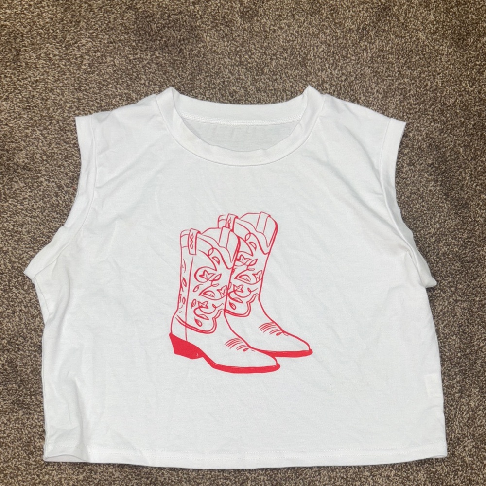 White Crop Top with Red Cowboy Boots Graphic